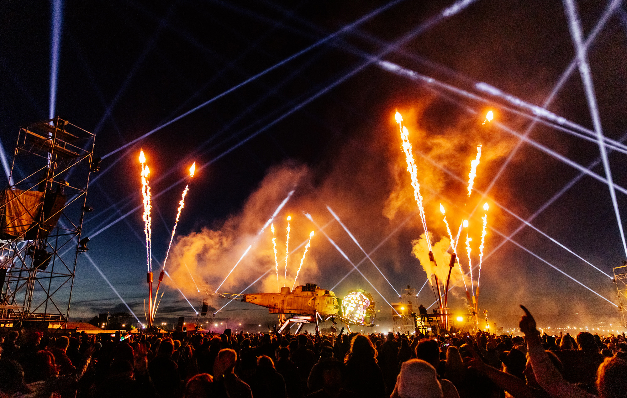 Fireworks over the Arcadia dragonfly at Glastonbury 2024, photo by Andy Ford