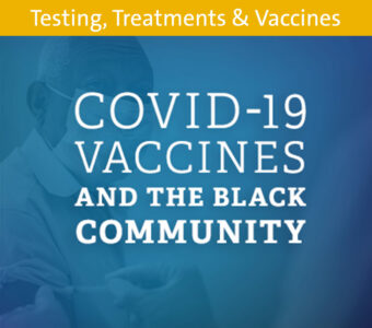 Image of man being vaccinated with blue overlay, text on to says COVID-19 vaccines and the Black community