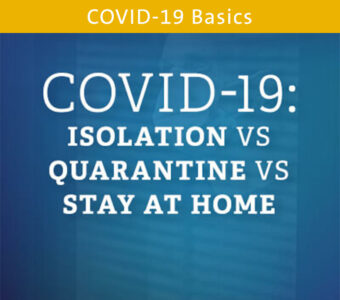 Blue background with text overtop that says COVID-19: Isolation vs Quarantine vs Stay at Home Blog