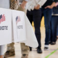 Line of people waiting to vote at polling location