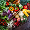 Variety of vegetables around a basket on a wooden background