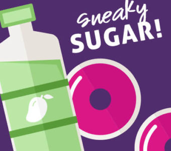 Infographic comparing the added sugar amount in a bottled smoothie to a group of donuts