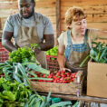 Two farmers selling produce at local market