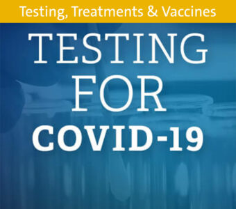 Blue test tube background with text that says Testing for COVID-19