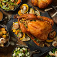 Table full of Thanksgiving turkey and food dishes